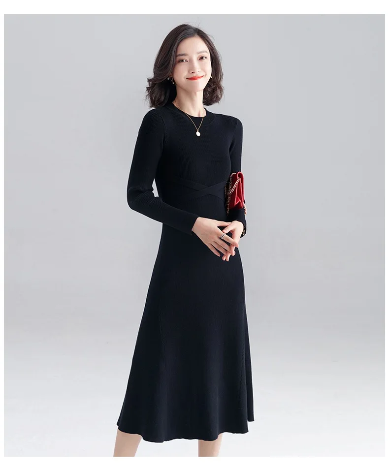 INNASOFAN knitted dress women Autumn Winter long-sleeved dress Euro-American fashion chic dress solid color