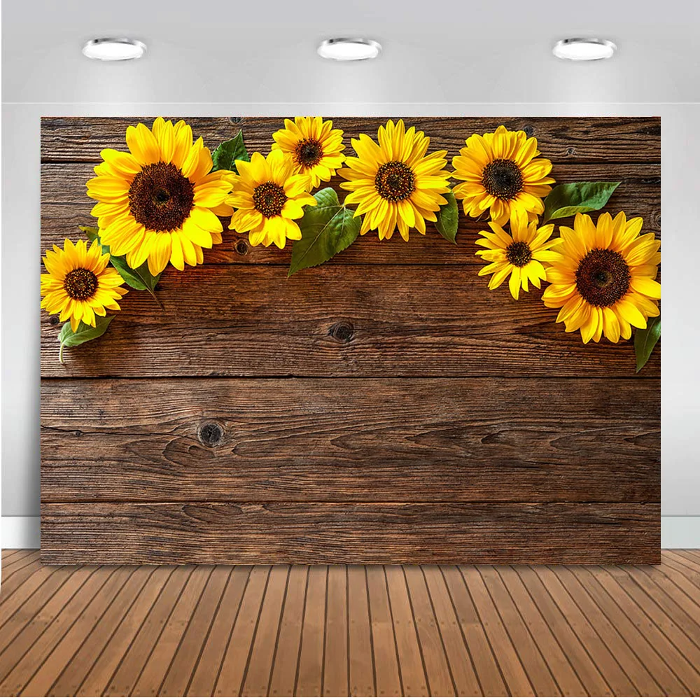

Sunflower Brown Wood Backdrops for Photography Rustic Child Baby Shower Birthday Party Background Banner for Picture Photo
