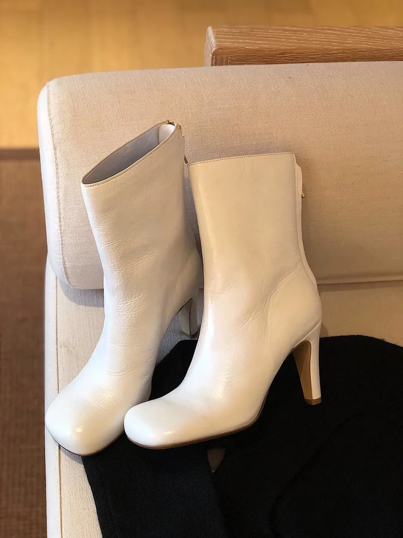 BELLECOM High With Short Boots Women's Singles Back Zipper Coarse With Genuine Leather Small White Boots French Stovepipe