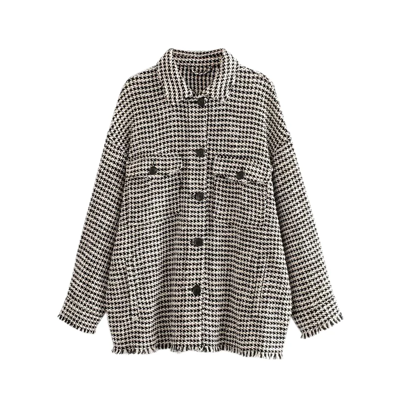 

Women Plaid Oversized Tweed Jacket Tassels Pockets Loose Style Long Sleeve Outwear Warm Coat FFZWT56