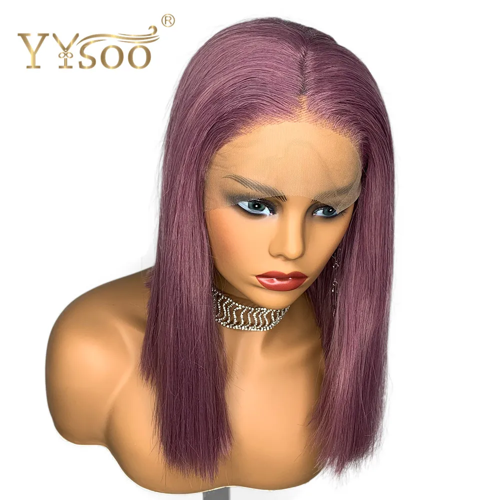 YYsoo13x4 короткие фиолетовые синтетические парики на кружеве для женщин бесклеевой шелковистый прямой парик из натуральных волос высокотемпературный парик
