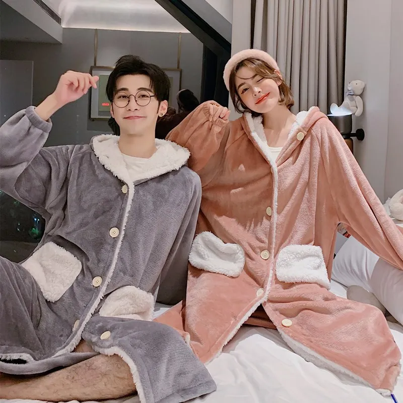 

Plush women's and men's pajamas Autumn and winter simple one piece suit men's and women's loose flannel couple's home wear