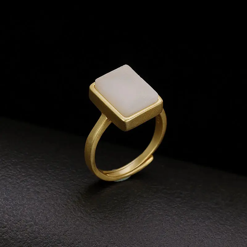 Silver inlaid natural Hetian white jade square geometric opening adjustable ring Chinese style retro luxury women's jewelry | Украшения