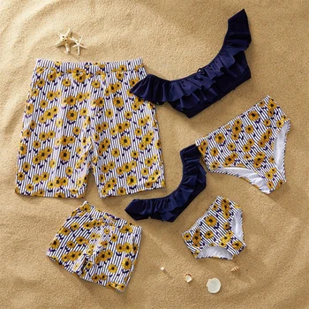

Parent-child Swimsuit Family Bathing Bikini Women Girl Two-Pieces Swimwear Vest Man Boy Beach Shorts Ruffle Sunflower Beachwear
