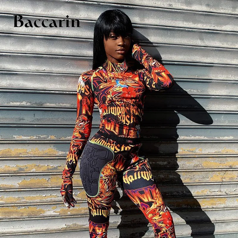 

Baccarin flame print women crop top t shirt long sleeve gloves turtleneck bodycon sexy streetwear 2020 autumn winter club gothic