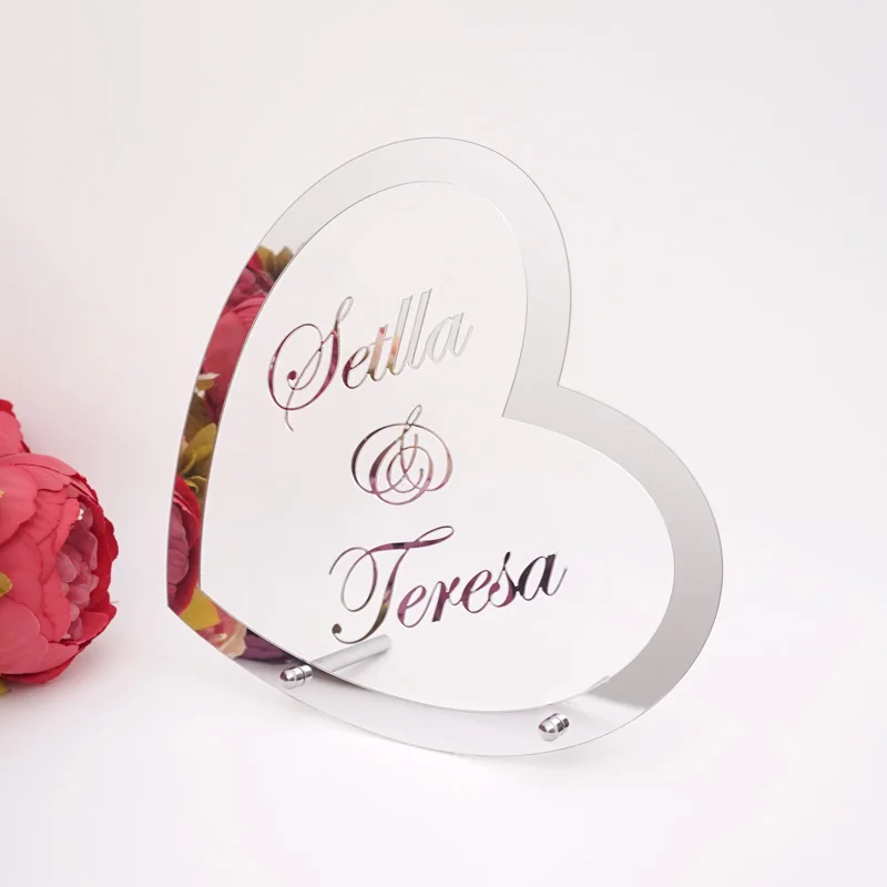 Heart Shape Name Wedding Decoration Acrylic Mirror Frame Welcome Word Sign Party Decor With Nail Guests Favor Gift