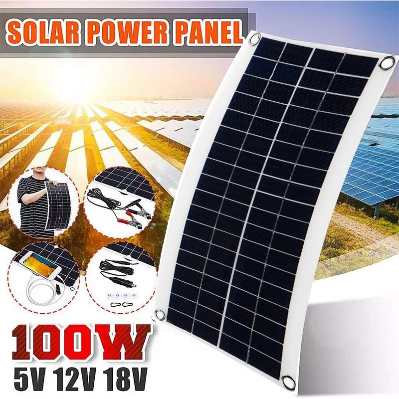 100W 18V Portable Solar Panel Double USB Power Bank Board External Battery Charging Solar Cell Board Crocodile Clips Car charger