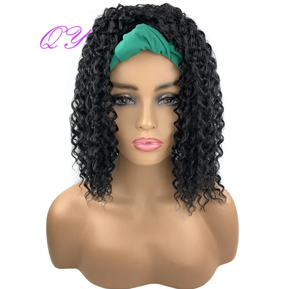 

QY Hair Headband Wig Short Black Culry Hair Green Turban Wrap For African woman Synthetic Temperature Fiber Hair