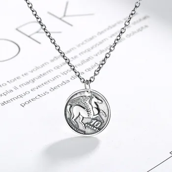 

Silvology 925 Sterling Silver Greece Pegasus Long Necklace Retro Round Coin Sweater Chain Necklace for Women Festival Jewelry