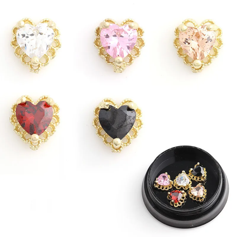 

1PC Over-Sized Love Heart Nail Zircon Charms XXL Valentine's Day Golden Brim Diamond Lovers Alloy Hearts Nails Decorations 8*9MM