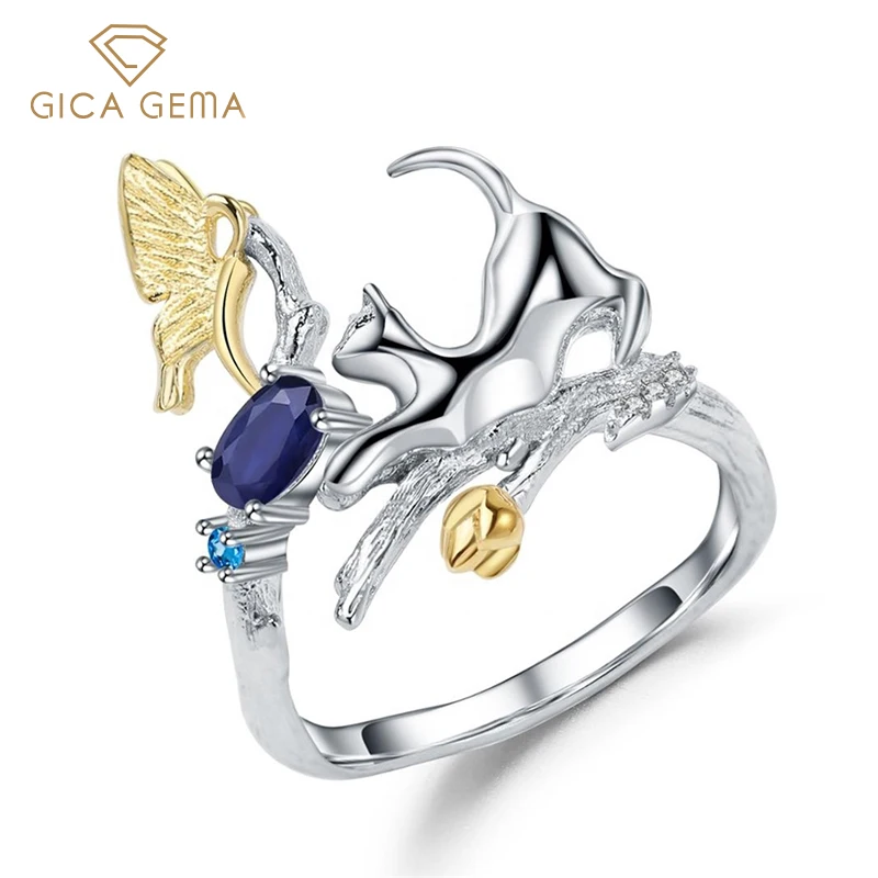 GICA GEMA 925 Серебряное кольцо для Для женщин с натуральным синим драгоценные камни сапфиры открытая настроить