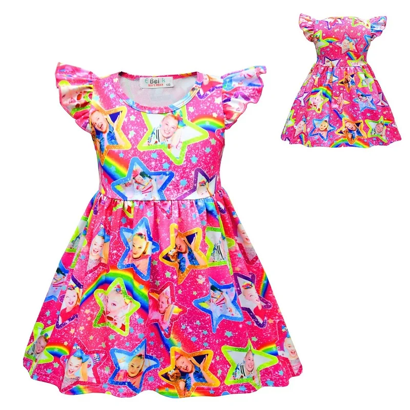 2020 JoJo Siwa Cute Girls Dress Kids Clothes Princess Cosplay Birthday Party Cartoon Rainbow Star Printed Summer Costumes 3-8T | Детская