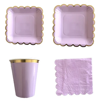 

40pcs/set Gold Foil Disposable Tableware Square Purple Paper Plate Cups Napkin Wedding Birthday Decor Valentine's Day Supplies