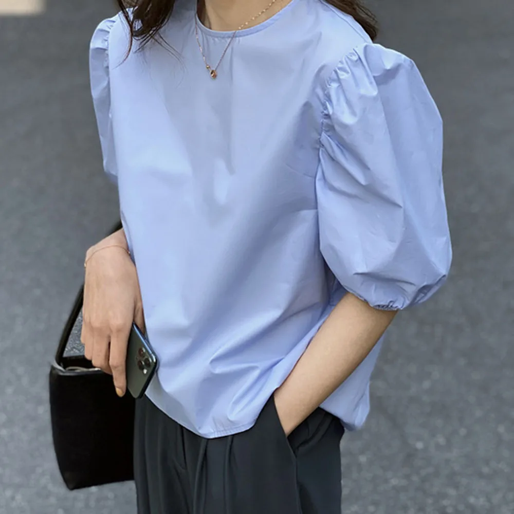 

2020 Summer Shirts Blouses Casual Elegant Office Women Japan Korean Simple Basic Shirt Puff Short Sleeve Blouse Solid Color