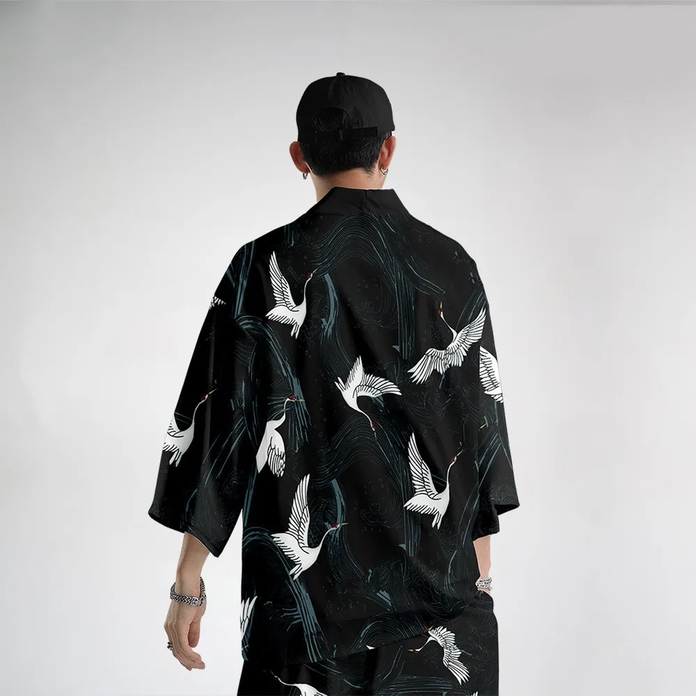Oversize 6XL Men Kimono Cardigan Trousers Suit Japanese Print Crane Yukata Robe Set Novelty Jacket Chinese Style Tang Suit Men Kimono Set