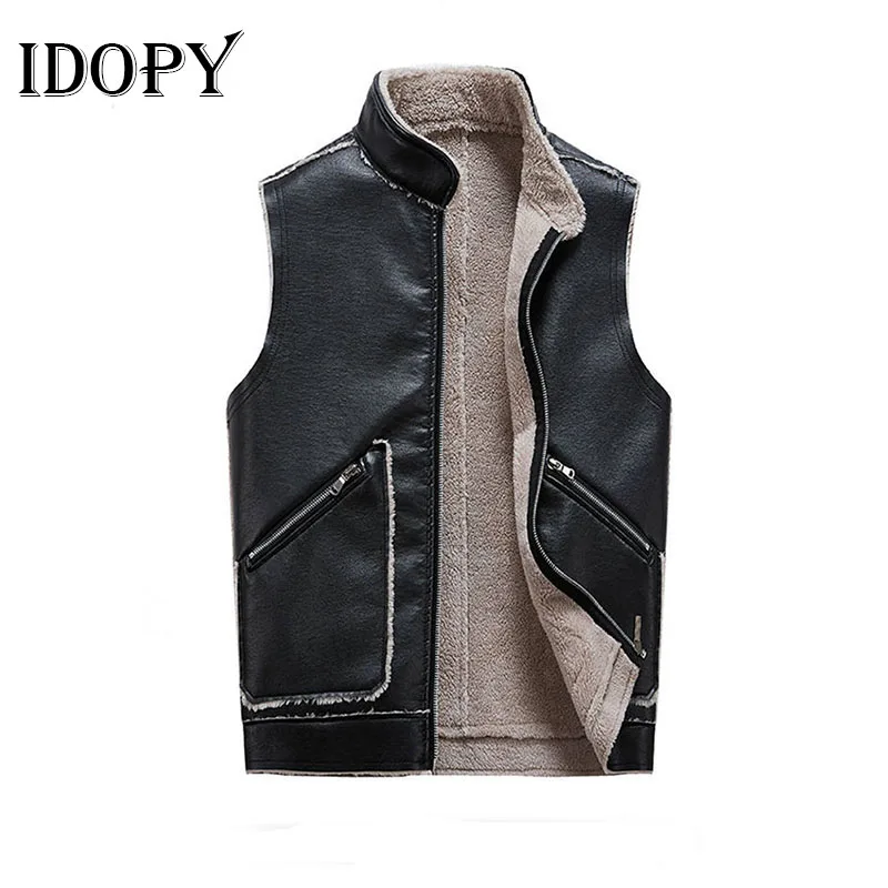 Idopy, мужская куртка из искусственной кожи, Мужская мотоциклетная куртка, Осень-зима, теплые куртки, Повседневная жилетка, L-6XL