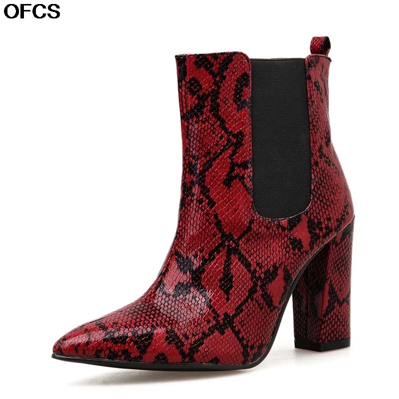 

Red Snakeskin Boots 2019 New Winter Women Ankle Boots Zip Pointed Toe Footwear Thick High Heels Female Boot Party Shoes Women