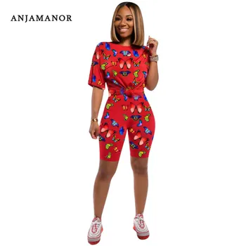 

ANJAMANOR Butterfly Print Casual Biker Shorts Two Piece Set Women Clothes Plus Size Summer Outfits 2020 Matching Sets D41-AE54