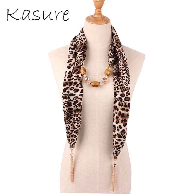 

Kasure Leopard Printing Chiffon Necklace Scarf Women Spring Summer Pendant Tassel Scarves Beads Pendant Female Neckchief