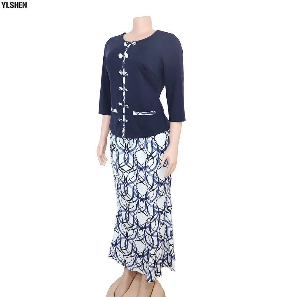 African Dresses for Women 2 Piece Set African Clothes Dashiki Print Tops + Skirt Suits Bazin Riche Fashion Robe Africaine Femme 05