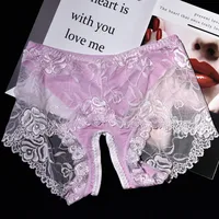 New Sexy  Lace gay Shorts Opened Penis Sleeve Breathable Underwear Men Briefs Large Size Open Crotch Oily Penis Pouch Panties 1