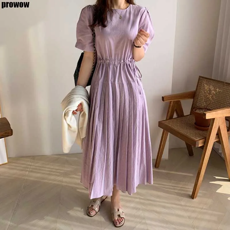 Office Lady Work Dress Korea Design Drawstring Slim Chic Pleated Long Dress Vintage Women Holiday Casual Summer Dress 2020