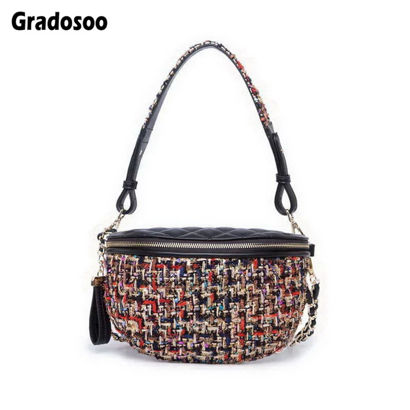 Gradosoo многофункциональные твидовые вязаные клетчатые поясные сумки новые Фанни-пакеты модная сумка через плечо с цепочкой Женская винтажная сумка из искусственной кожи на пояс для живота A003