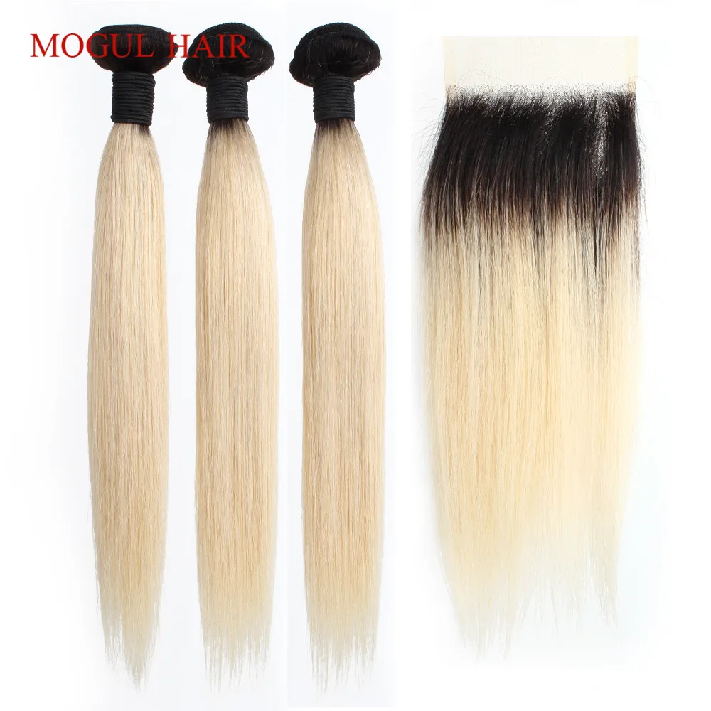 

MOGUL HAIR T 1B 613 Dark Root Platinum Blonde Bundles Closure 2/3 Bundles With Closure Brazilian Straight Non Remy Human Hair