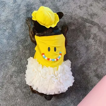 

Pet summer thin mesh gauze smiley pet clothes fat dog outfit French bulldog Shiba Inu Corgi Teddy small dog clothes dress