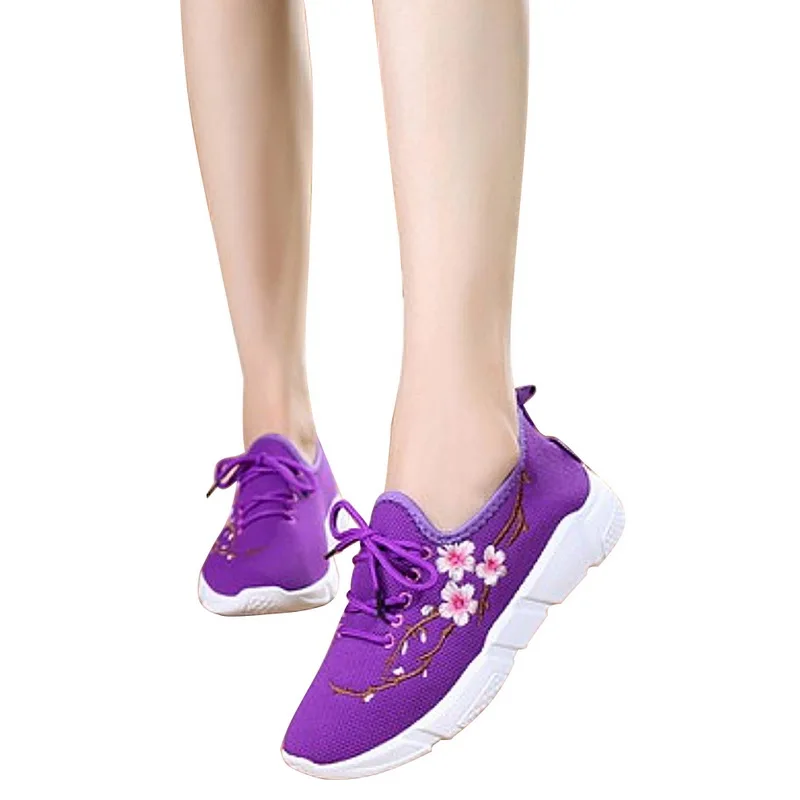 purple CYSINCOS/женские кроссовки с цветочной вышивкой; спортивная обувь для бега; Вулканизированная обувь на плоской подошве со шнуровкой; большие размеры 36-41 - Цвет: purple