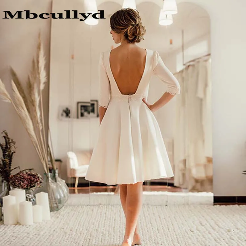 

Mbcullyd 2019 Ivory Short Wedding Dress Open Back Crepe Knee Length Bridal Dresses Half Sleeves robe de mariage
