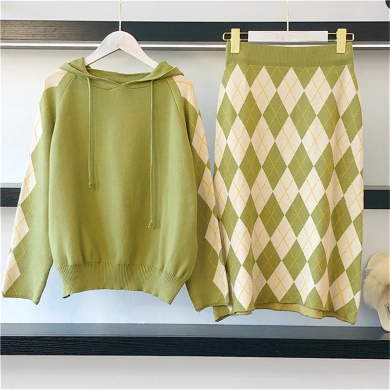 

Fashion Skirt Knit Suits For Women Ladies Long Sleeve Hoodies Sweatershirt And Plaid Skirt Set 2 Pieces