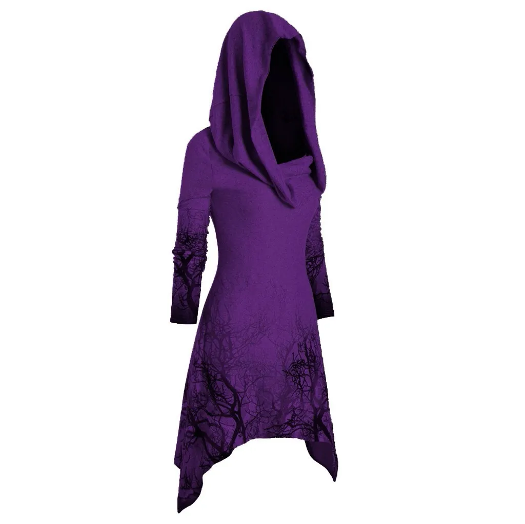 Кофты ведьмы, Женская Толстовка на Хэллоуин, принт с деревом, воротник-трансформер, двойной стиль, толстовка, женские пуловеры, Осенний Повседневный Топ - Цвет: Purple