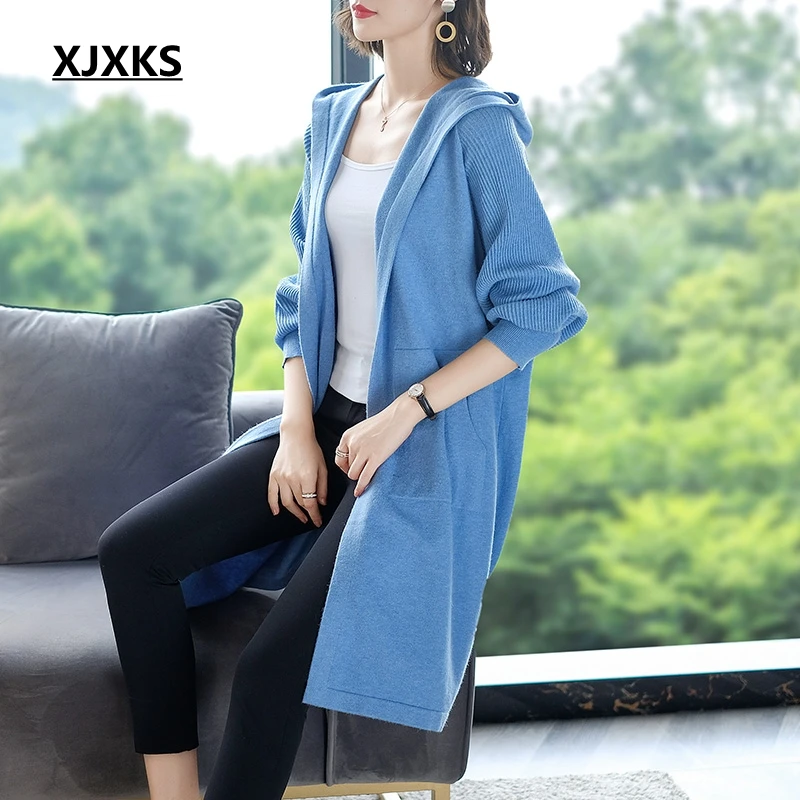 

XJXKS Women Long Casual Sweater Autumn 2019 Long Sleeve Hooded Knitted Cardigan Soft Loose Plus Size Out Of Shoulder Sweater