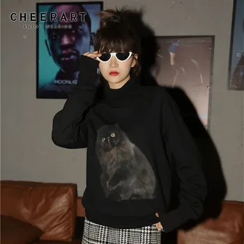 

CHEERART Cat Animal Print Sweatshirt Women Black Pullover Hoodie Bluzy Turtleneck Sweatshirt Korean Hoodie Clothing