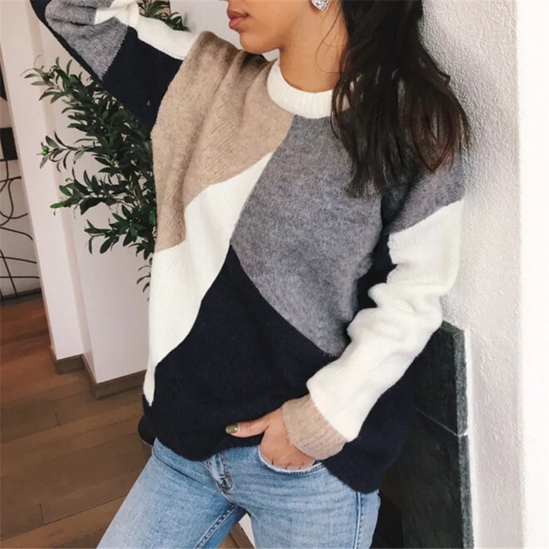 Sweater Women 2019 Autumn Winter Patchwork Sweater Long Sleeve O Neck Sweaters Loose Slim Female Sweater Ladies Tops Pullover