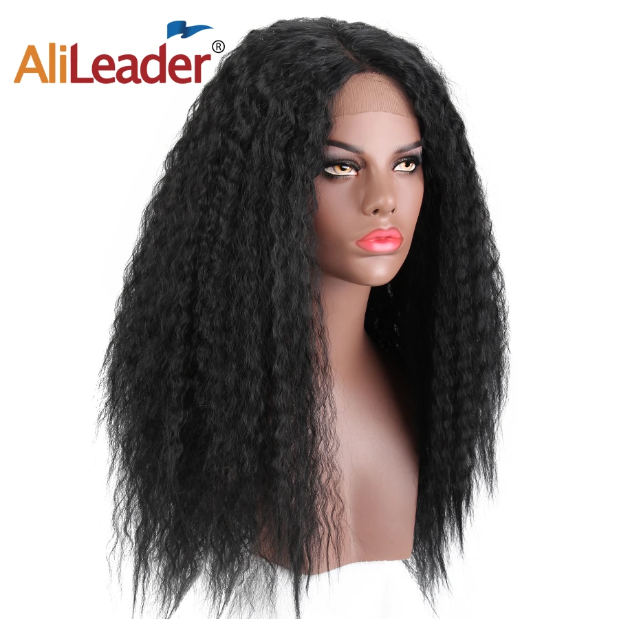 

Alileader 24Inch Long Kinky Straight Swiss Front Wig Hair Heat Resistant Synthetic Black Violet Afro Puff Yaki Front Lace Wigs