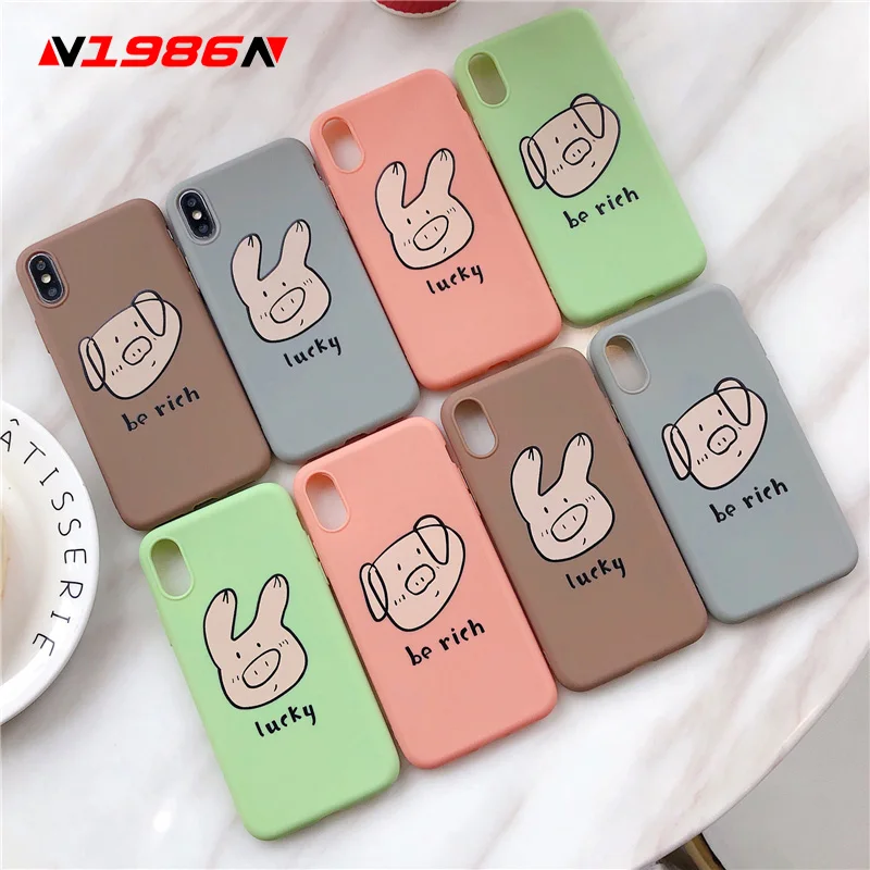 

N1986N Phone Case For iPhone 6 6s 7 8 Plus X XR XS Max Fashion Cute Cartoon Lucky Pig Candy Color Soft TPU Silicone For iPhone X