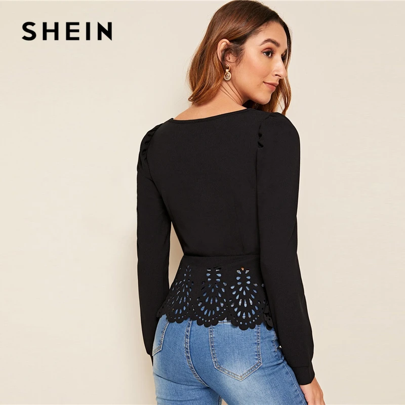 SHEIN блуза на пуговицах с квадратным воротником и баской, с пышными рукавами, Женские топы и блузки, весенний элегантный облегающий Топ