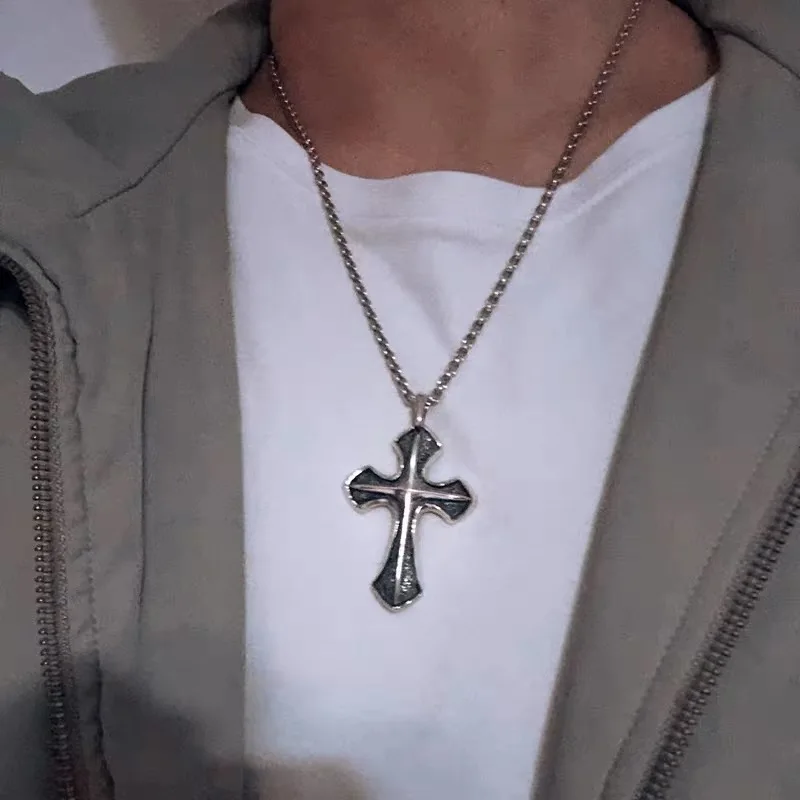 S925 Sterling Silver Retro Carved 3D Cross Pendant For Man Woman
