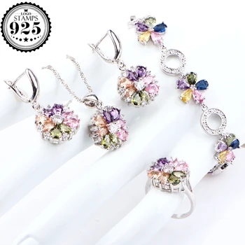 

Color Zirconia Women Bridal Jewelry Silver 925 Wedding Costume Jewelry Ring Earrings Bracelet Penent Neckalce Set Free Gift Box