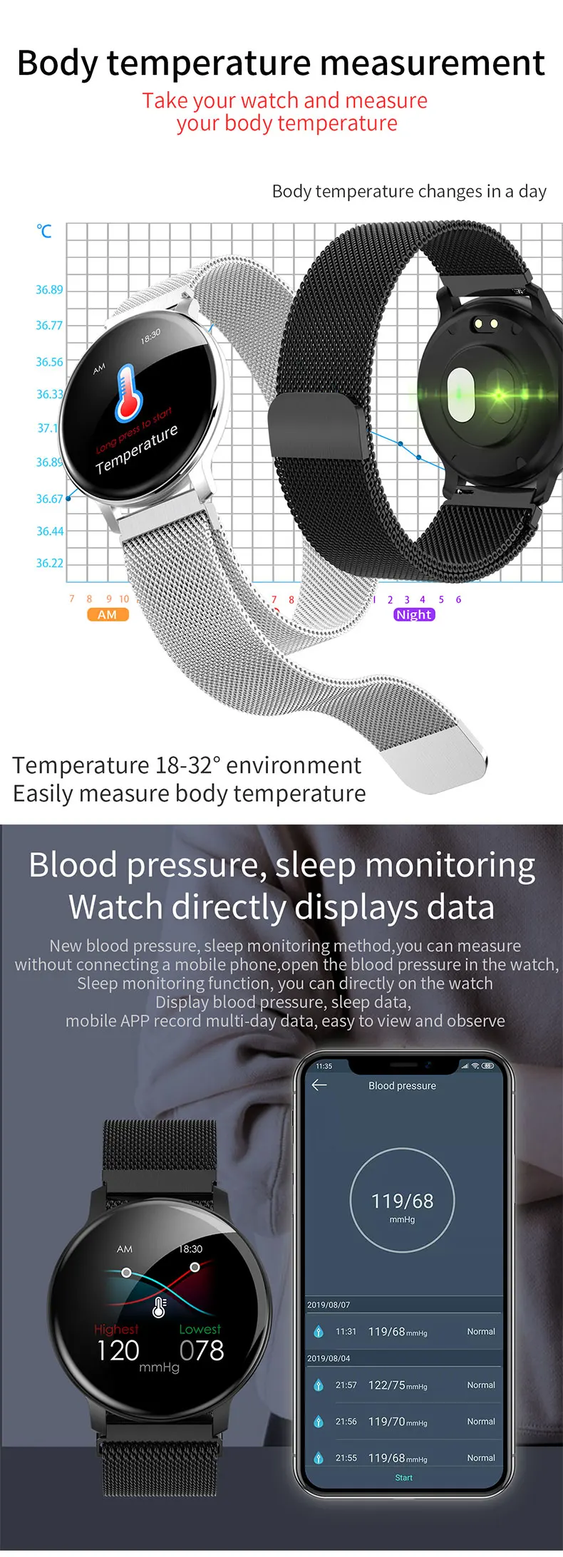 Caridite Newest Product Body Temperature Smart Watch Bracelet Waterproof Man Relojes Inteligente Bluetooth Smartwatch Sport Band