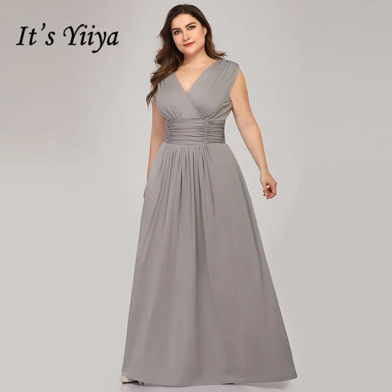 

It's Yiiya Formal Dress V-Neck Tank Plus Size A-Line Women Party Dresses Sleeveless Pleat Solid Floor-Length Robe De Soiree C430