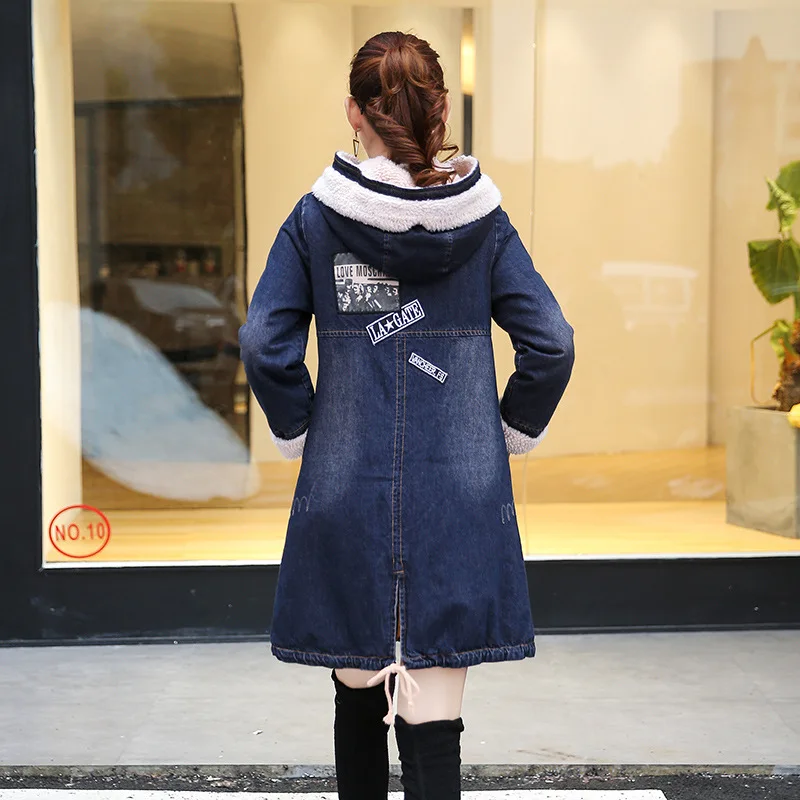 1619# Thick Cowboy Women's plus Velvet Lambs Wool Jeans Coat Mid-length Berber Fleece Cotton-padded Clothes Hooded