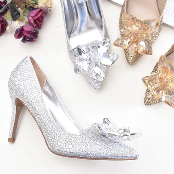 

Second hair crystal shoes wedding shoes bride's high heel silver fine heel pointed Middle heel shallow rhinestone single shoes