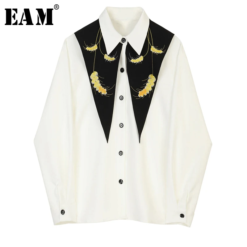  [EAM] Women White Pattern Print Spliced Blouse New Lapel Long Sleeve Loose Fit Shirt Fashion Tide S