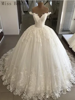 

DD JYOY Off Shoulder Ball Gown Wedding Dress Plus Size Sparkly Sequined Fabric with Lace Design Wedding Gown Bridal with Train