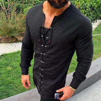 

2020 Men's Casual Shirts Pure Colour Tether Cotton Linen Shirts Slim Fit Social Harajuku V Neck Long Sleeve Shirts