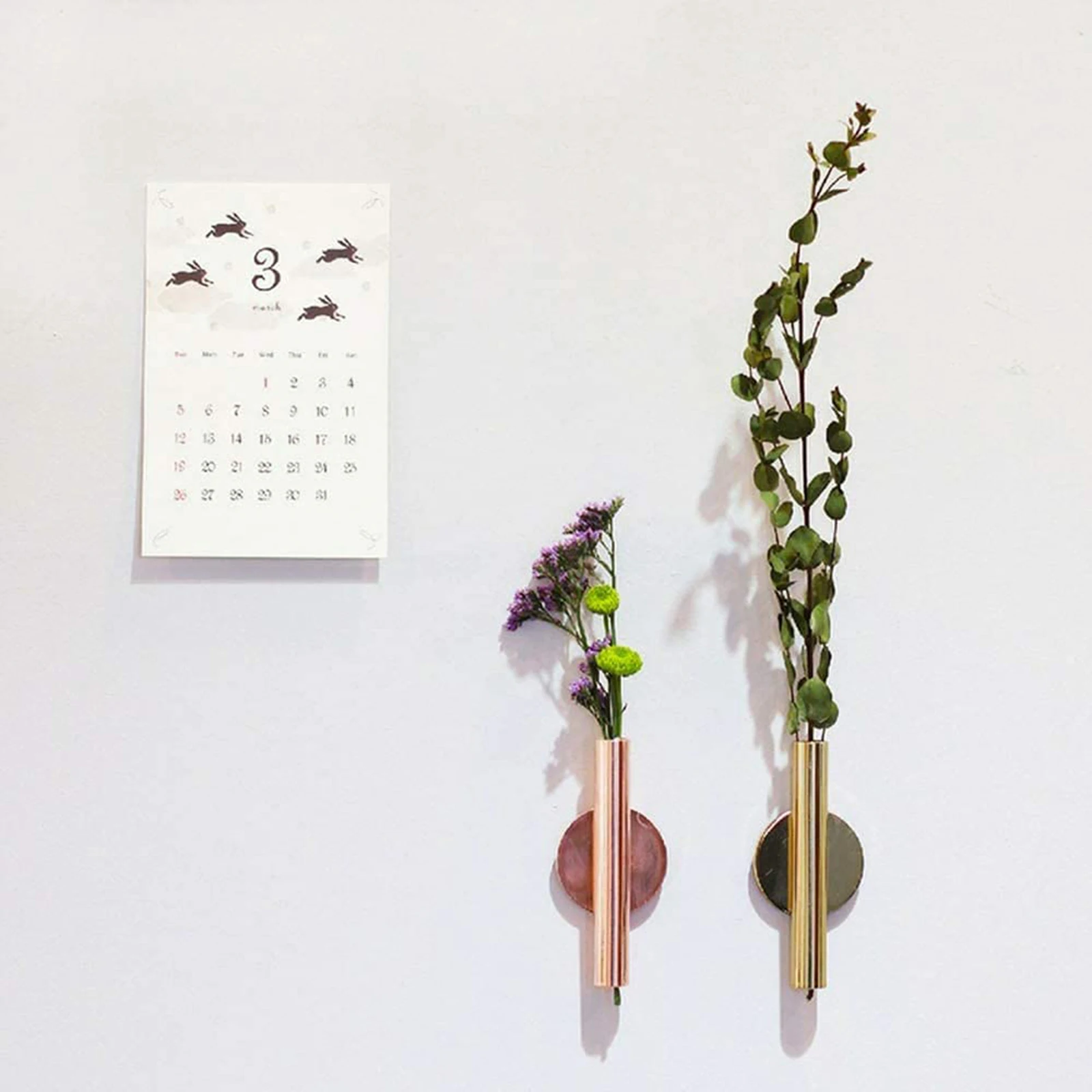 Wall-Mounted Flower Tube for Flower Display Adhesive Material Included Rose Gold Wall Metal Vase Decoration Holder 