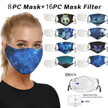 

8PC Mask+16PC Filter Adult Printed Masque Reusable Washable Breathable Face Adjustable Protective Dust-proofMouth Cover Mask #40
